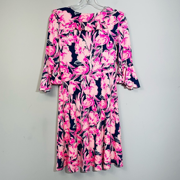 LILLY PULITZER STIRLING DRESS STYLE 001144 INKY NAVY FLAMINGLE XS RUFFLE A-LINE - Picture 6 of 14
